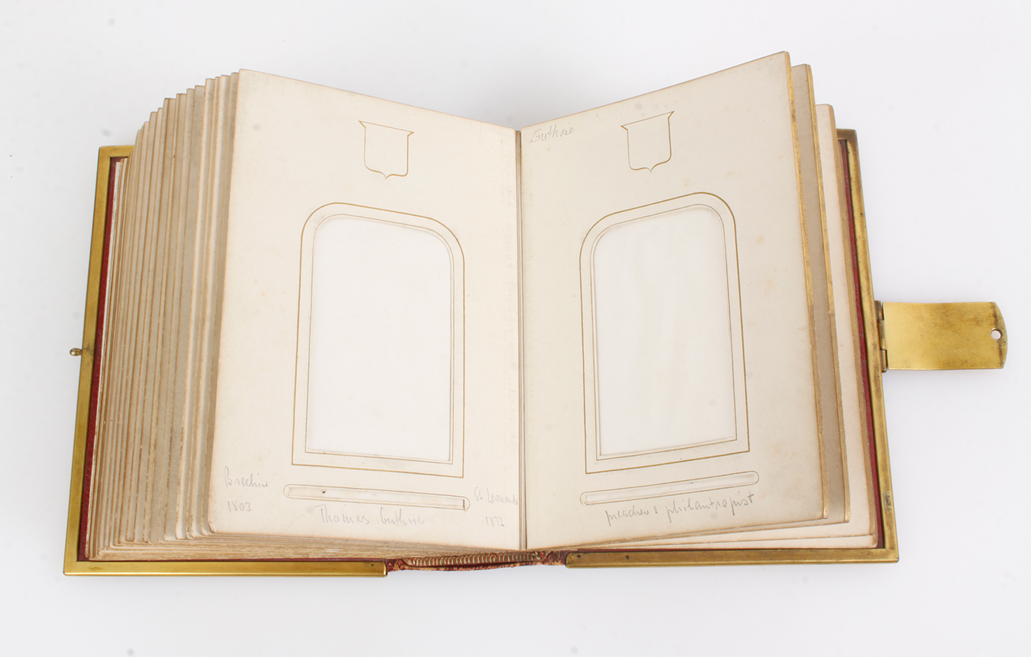 19th Century CDV Photo Album Leather and Brass, All Pages Good, Some Inscribed