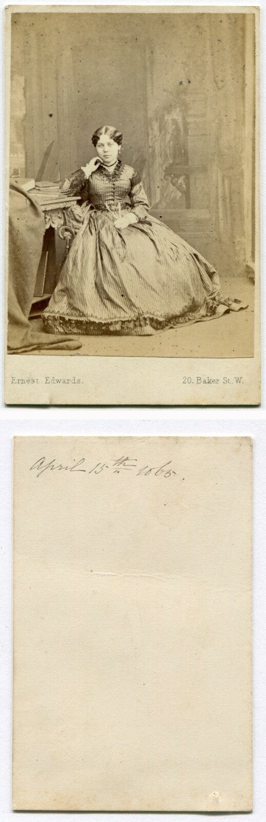 WOMAN, RELAXED SEATED POSE, HAND AT CHEEK. BOOKS ON TABLE. CDV. LONDON.