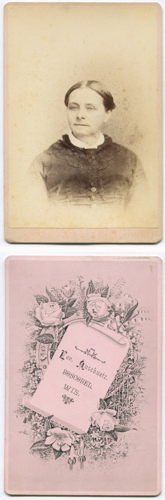 WOMAN, LACE COLLAR, SMOOTH HAIR. CABINET CARD. BOSCOBEL, WISCONSIN.