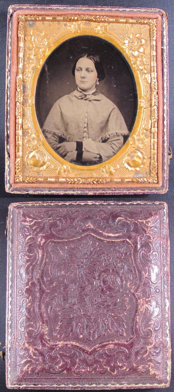 BEAUTIFUL WOMEN/CAPE. SHARP,STRONG AMBROTYPE, TINTED 6TH PLATE HALF CASE.