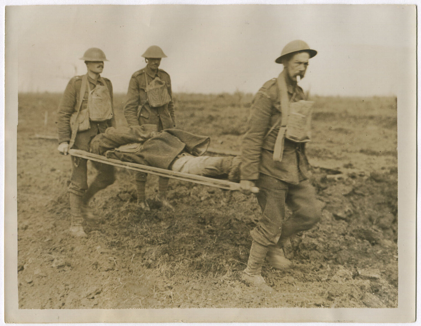 Vintage WWI Photo 8x10 Reprint: British Wounded on Stretcher, Western Front Stretcher Bearer Scene
