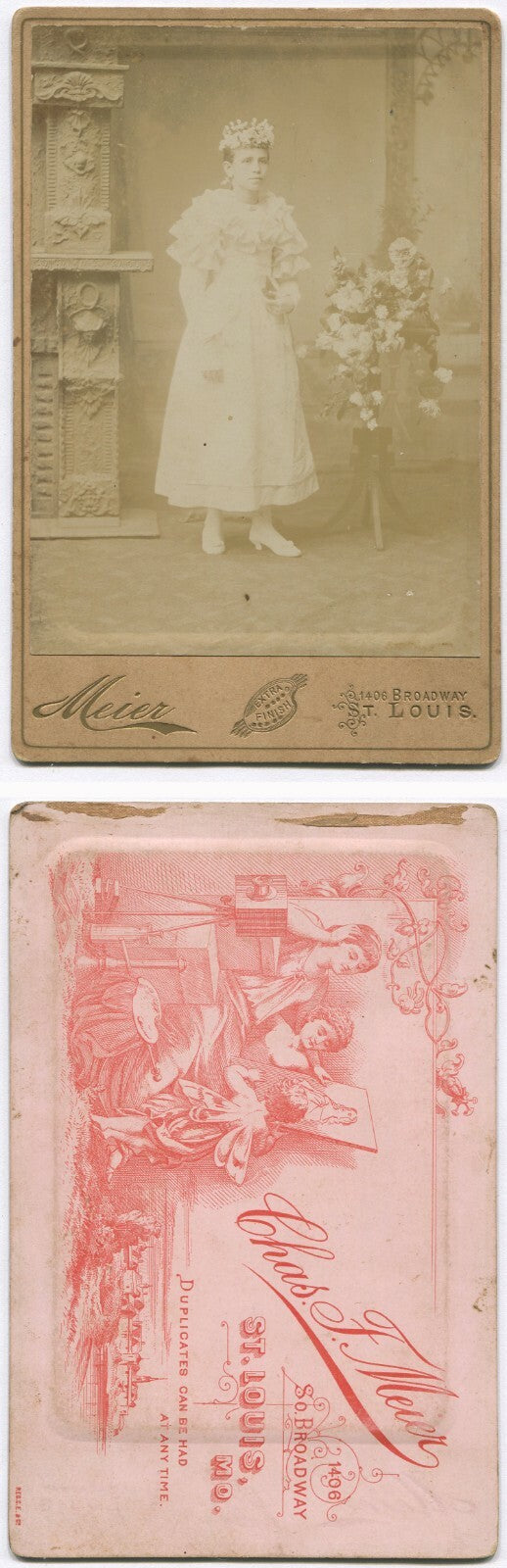 YOUNG WOMAN IN WHITE, HOLDING PRAYER BOOK AND ROSARY. CABINET CARD.ST. LOUIS, MO