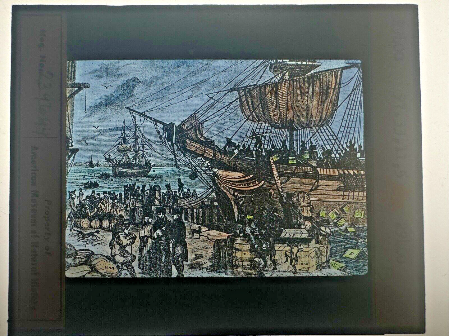 Vintage Lantern Slide Hand Tinted Illustration of Boston Tea Party 1773