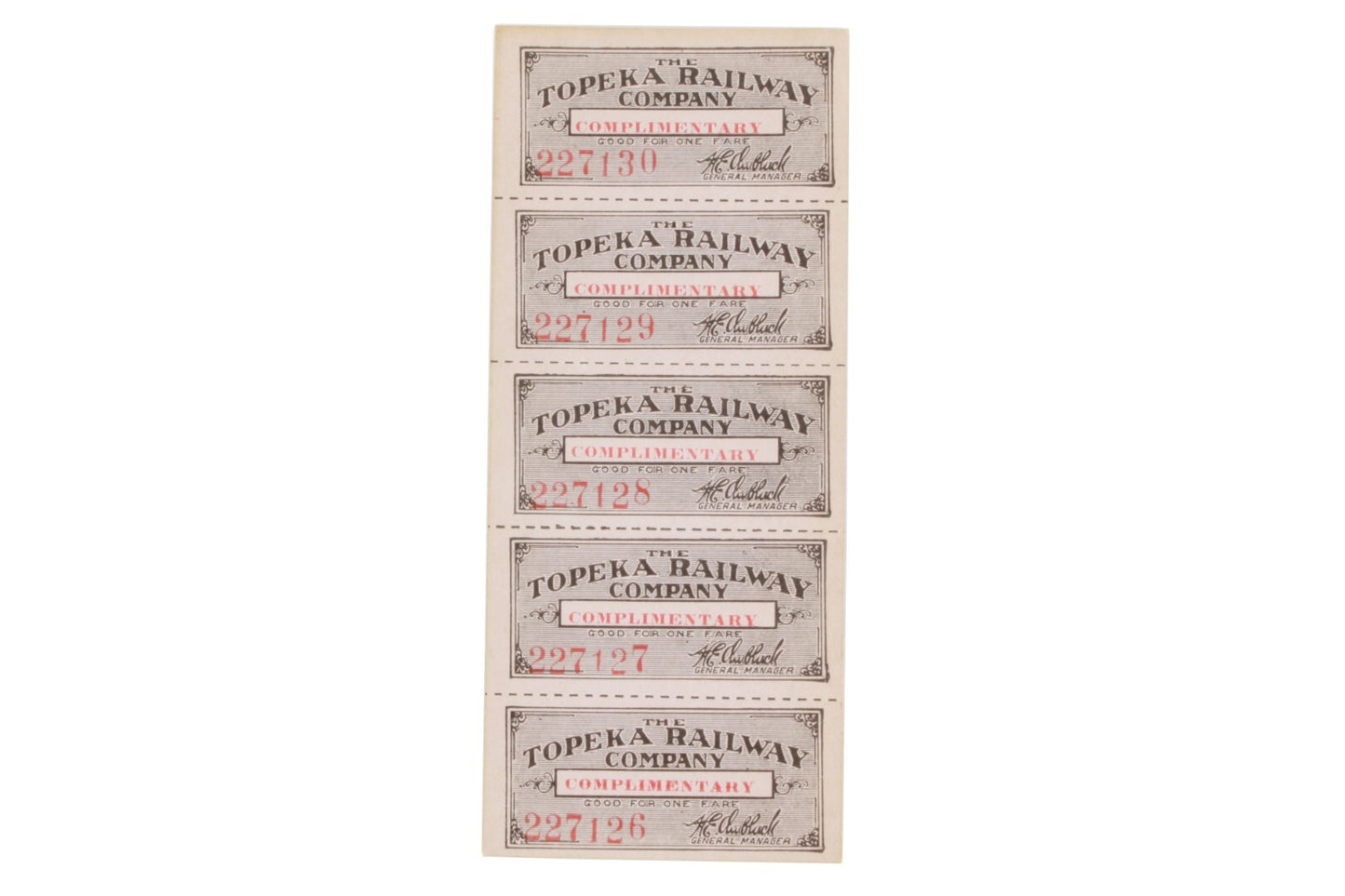 Topeka Railway Company Complimentary Ticket - Strip of 5
