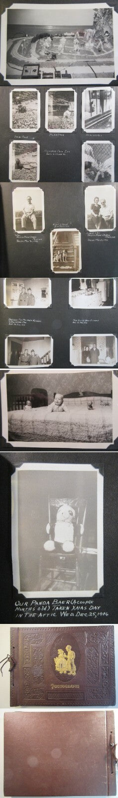 ANTIQUE PHOTO ALBUM, SNAPSHOTS. PHOTOS OF PGH ZOO, DOGS, TRAINS, CHRISTMAS.1946