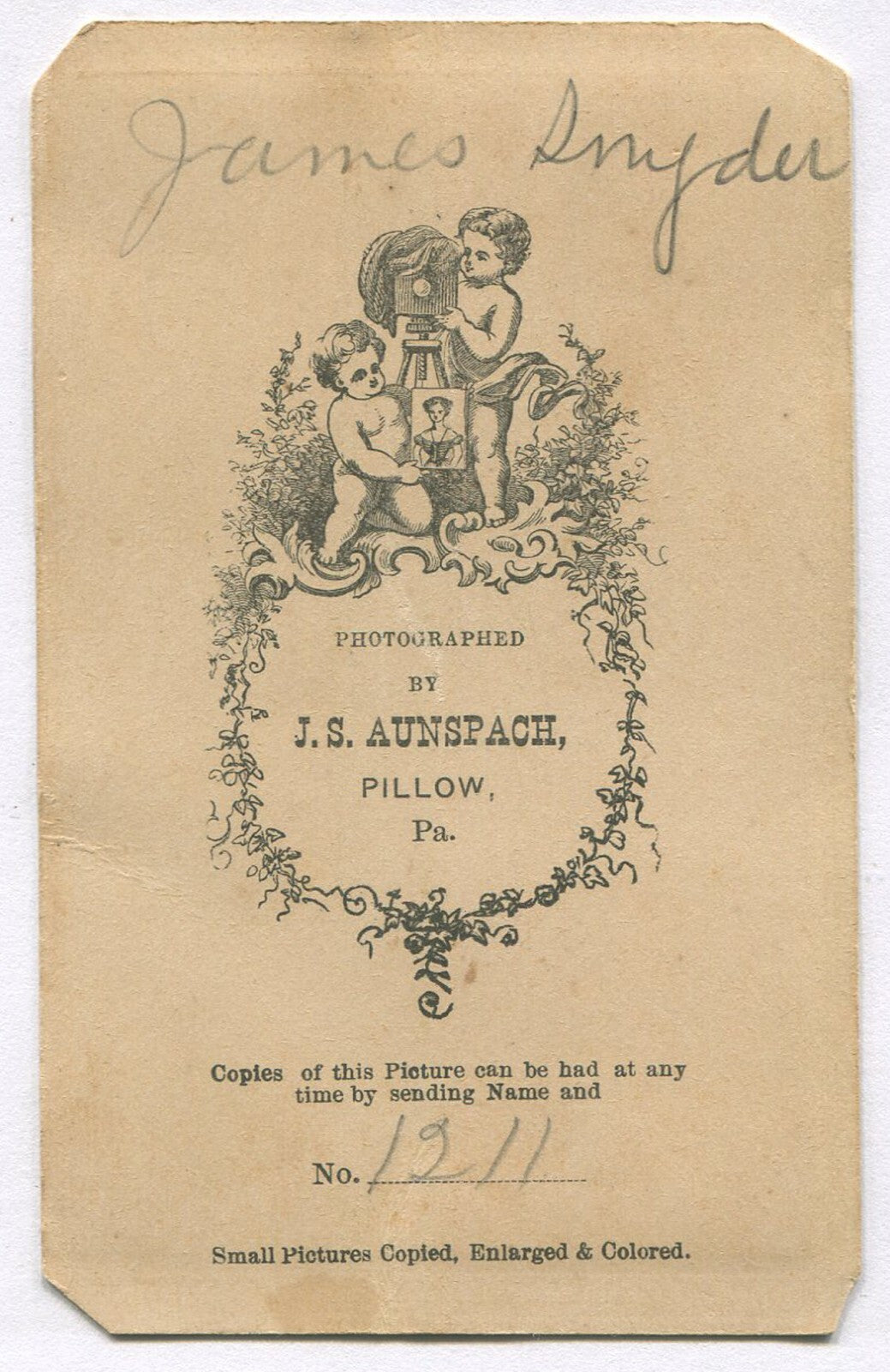 JAMES SNYDER, CIVIL WAR ERA CDV, PILLOW, PA.