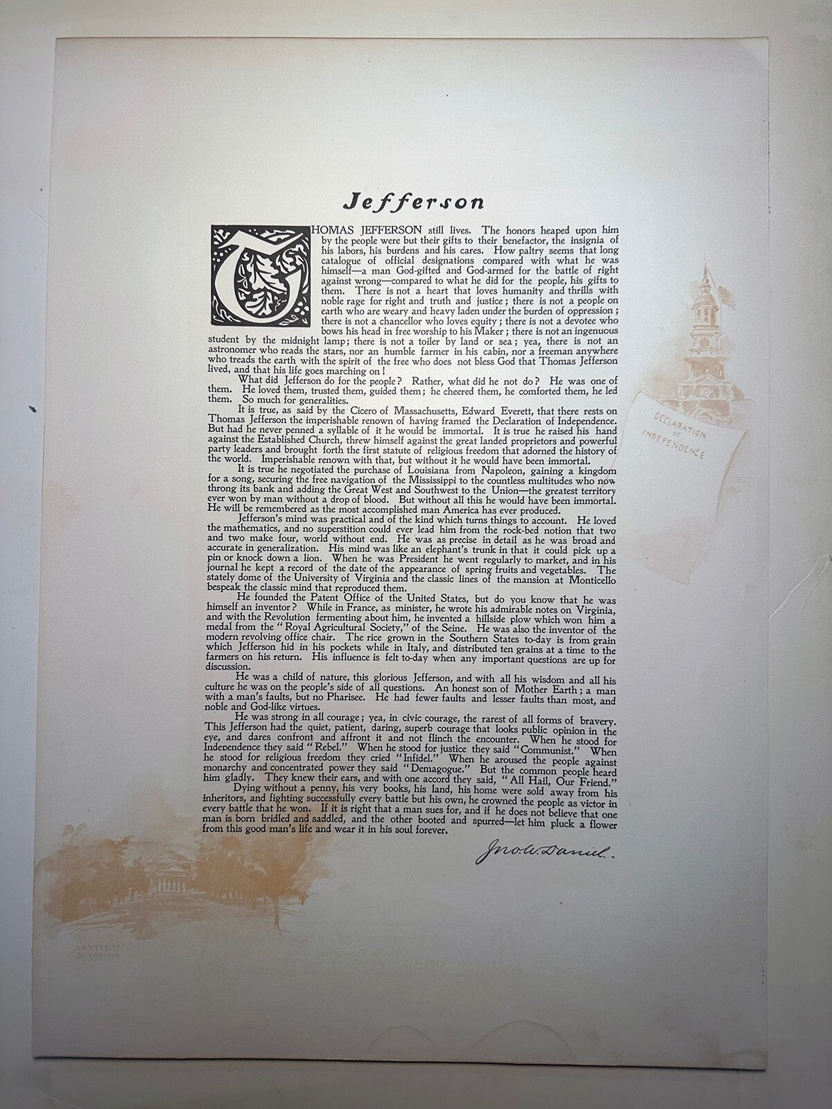 VINTAGE PHOTOGRAVURE OF THOMAS JEFFERSON OFFICIAL WHITE HOUSE GALLERY