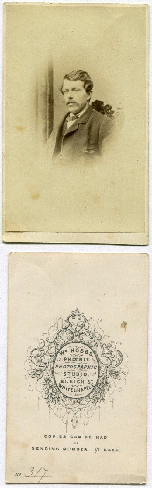 WAVY HAIRED MAN W/MUSTACHE. CDV. WHITECHAPEL, LONDON. MAKER MARK ON CARD BACK.