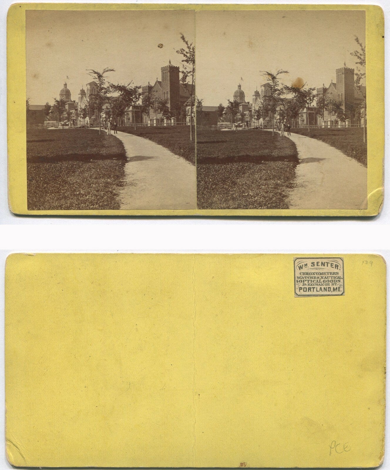 MEN OUTSIDE CHURCH ON GARDEN LANE. STEREOVIEW.