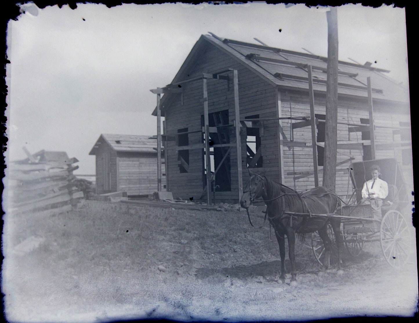 Vintage Glass Plate Negative 5x4 Photo, Woman in Horse-Drawn Buggy by House
