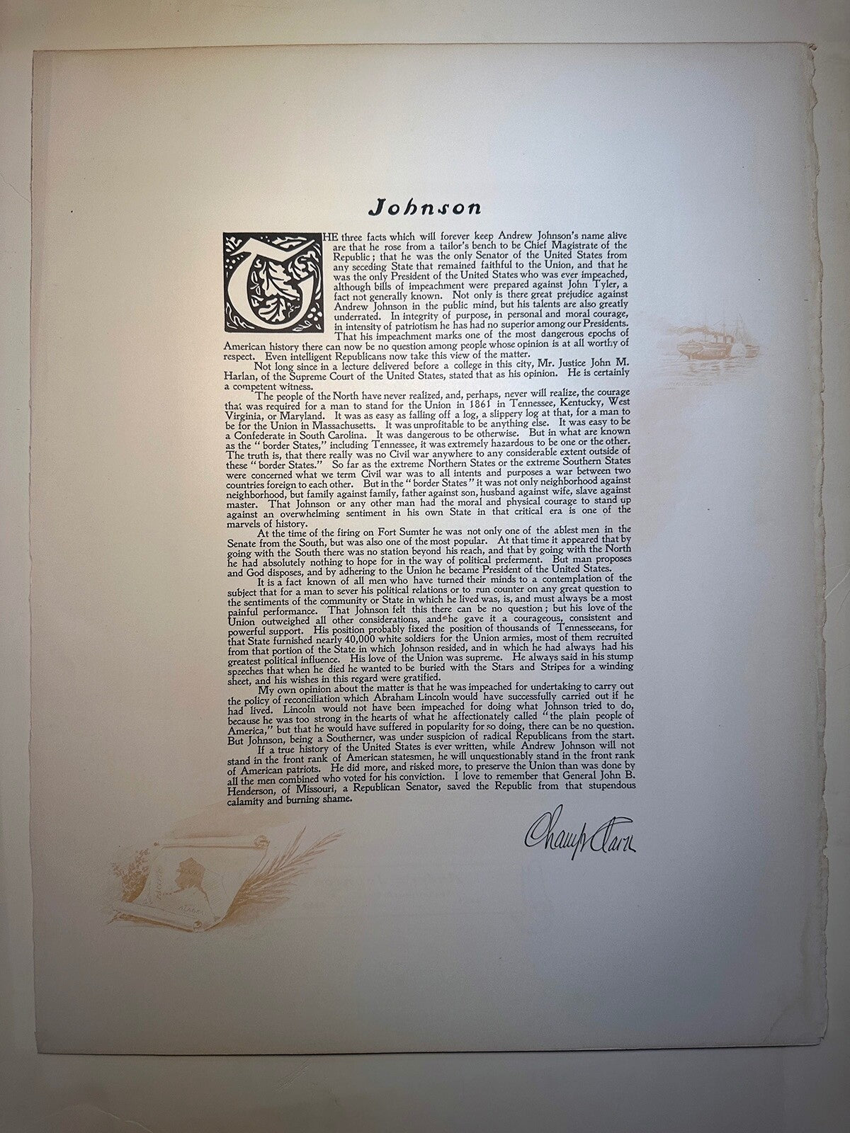 Vintage photogravure of President Andrew Johnson - White House Gallery; 10x12 print on 16x20 with Champ Clark dedication