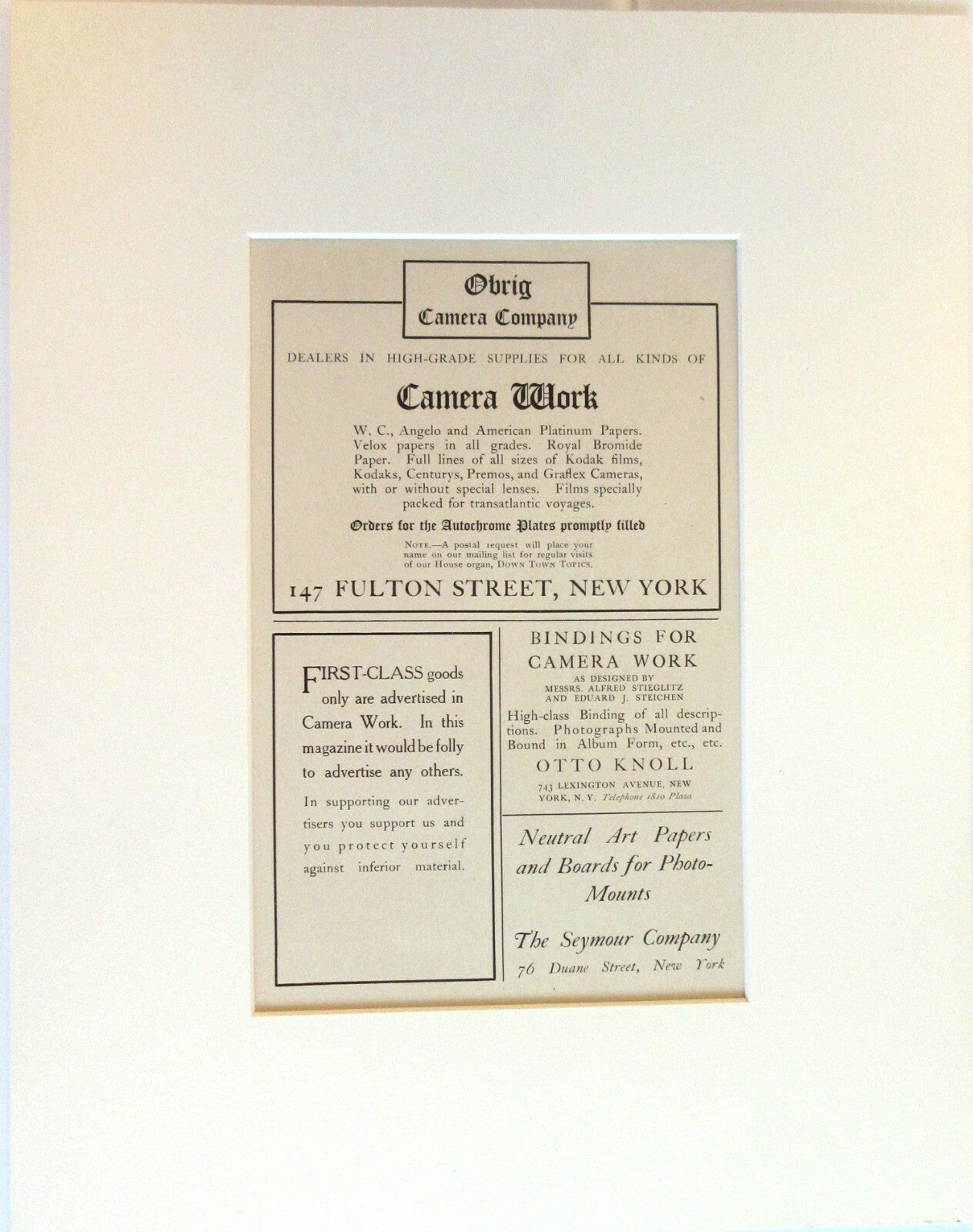 ALFRED STIEGLITZ CAMERA WORK NUMBER 26, CLASSIFIED PAGE IN 11X14 ARCHIVAL MAT.