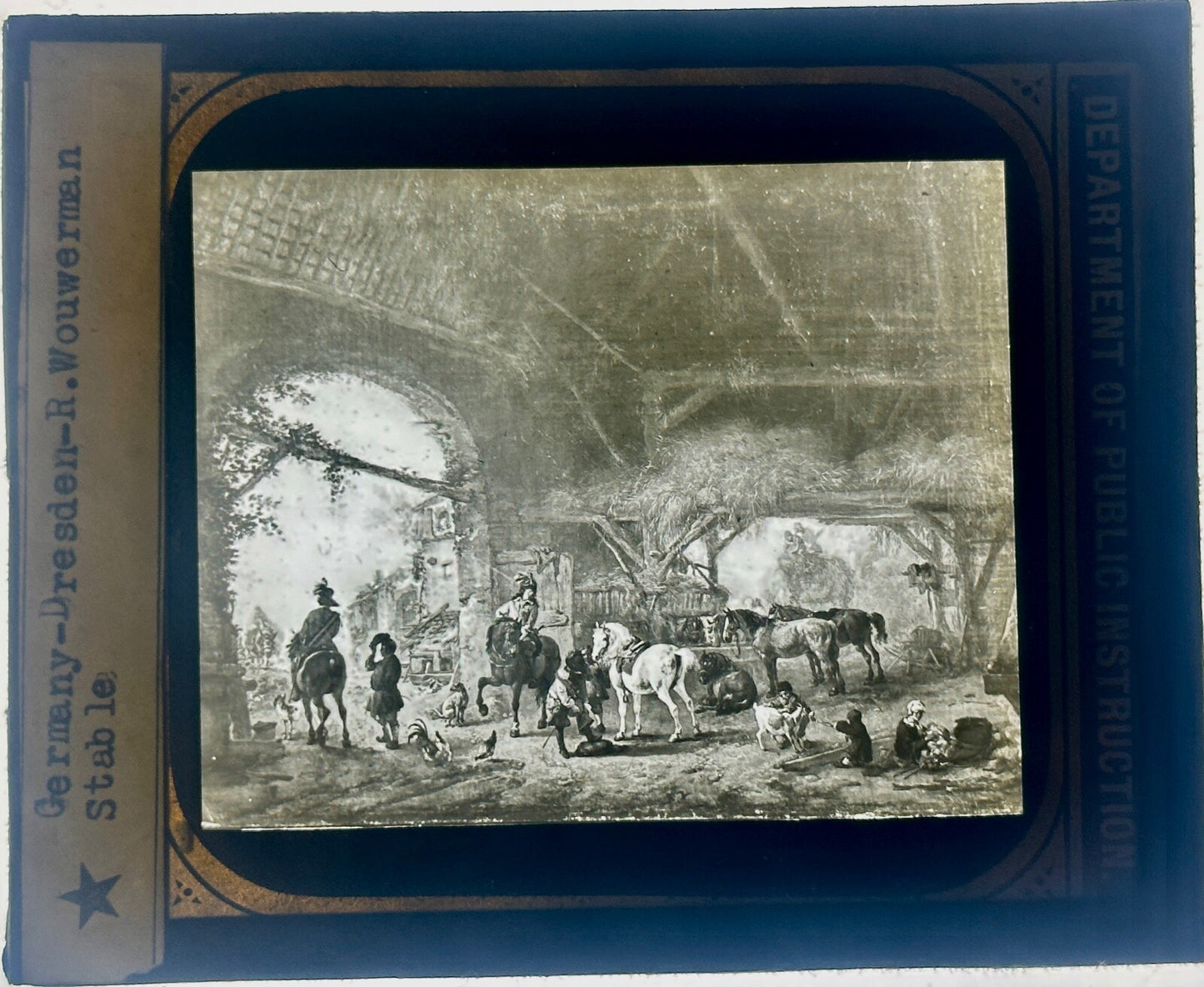 VINTAGE LANTERN SLIDE GERMANY-DRESDEN-R.WOUWERMAN STABLE 3.25X4IN