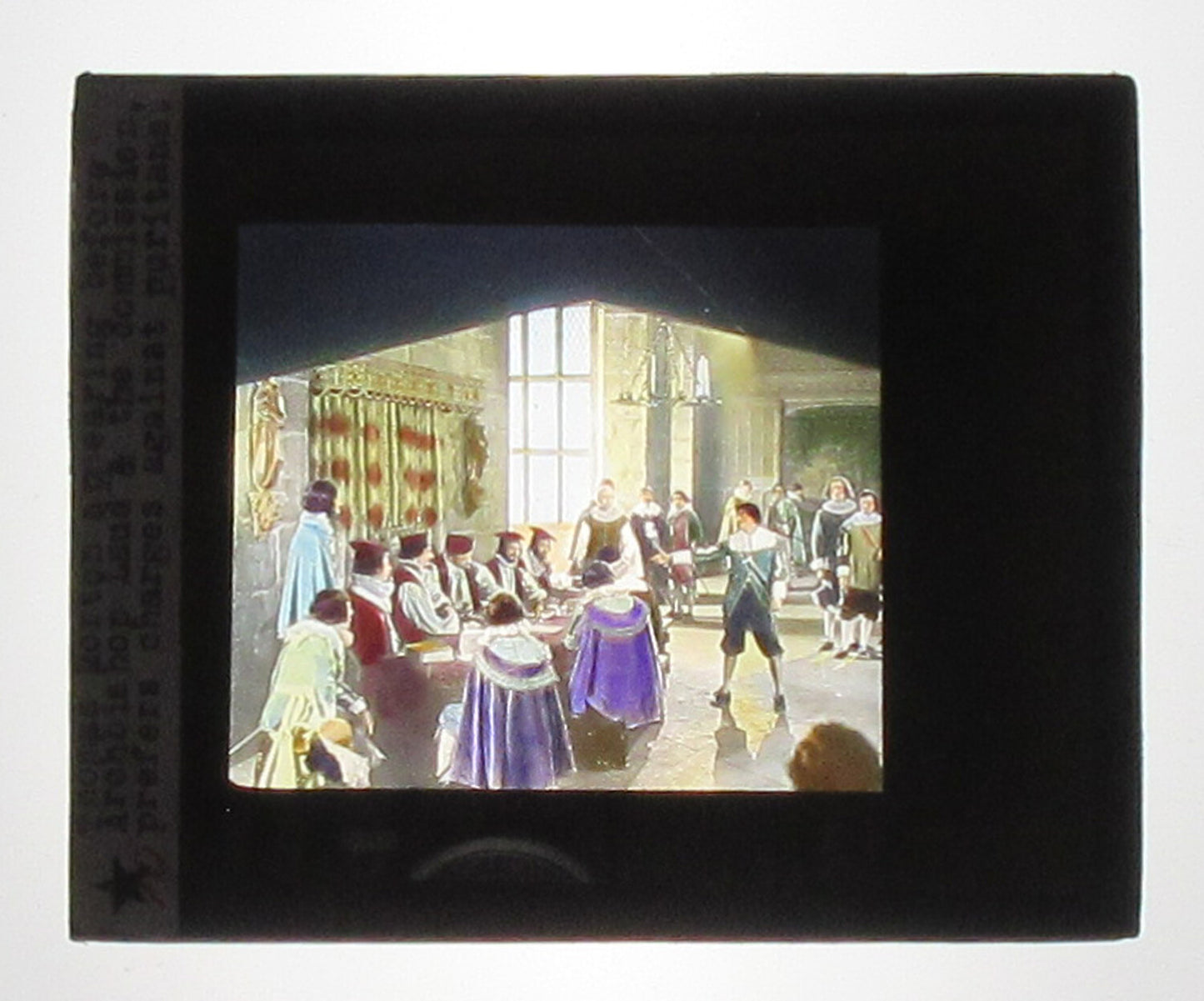 ACTORS PORTRAY PURITANS REPRESSION. HAND COLORED PHOTO ON GLASS.