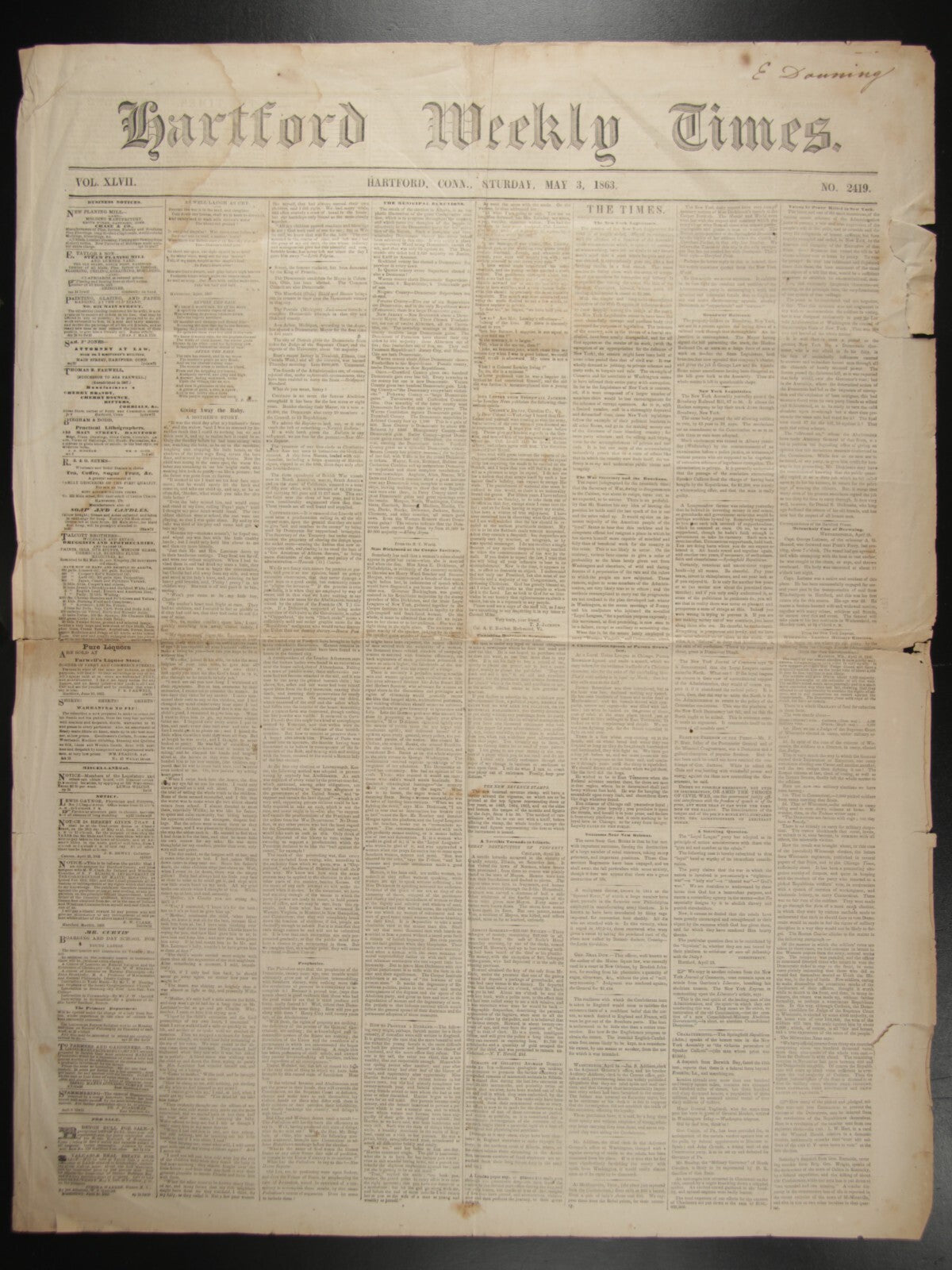 VINTAGE NEWSPAPER: HARTFORD WEEKLY TIMES SATURDAY MAY 3, 1863 29X22