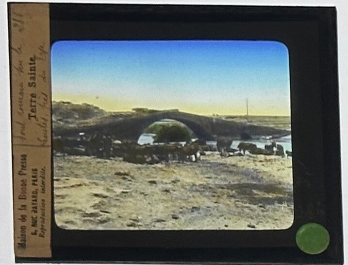 VINTAGE LANTERN SLIDE Holy Land: Lebanon, Leontes Bridge 3.25X4IN HAND TINTED