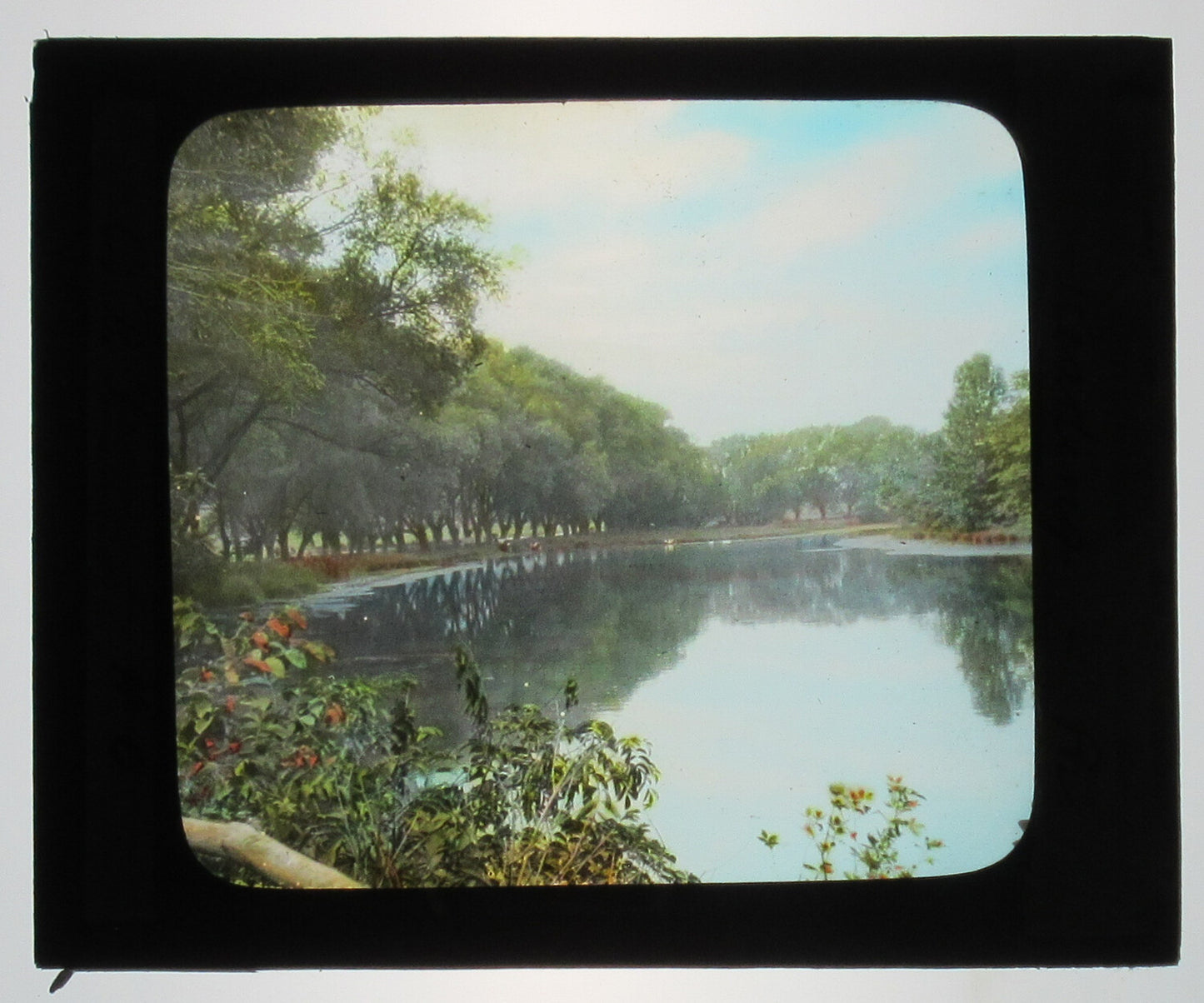LAKE FRONT, READING, PA. TINTED PHOTO ON GLASS. HAND COLORED PHOTO ON GLASS.