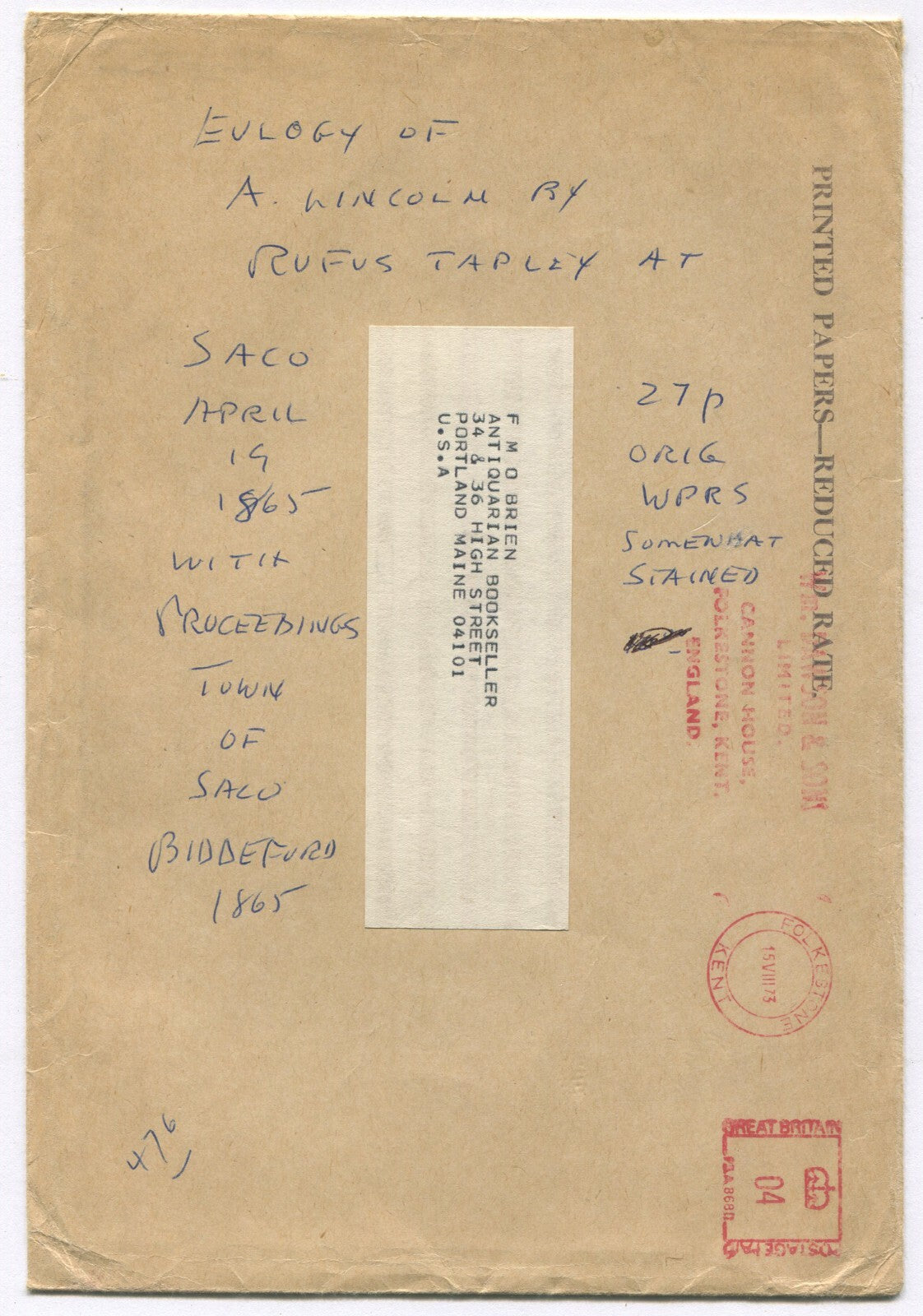 EULOGY OF LINCOLN BY RUFUS TAPLEY, 1865. SACO, MAIN. 29 PAGES.