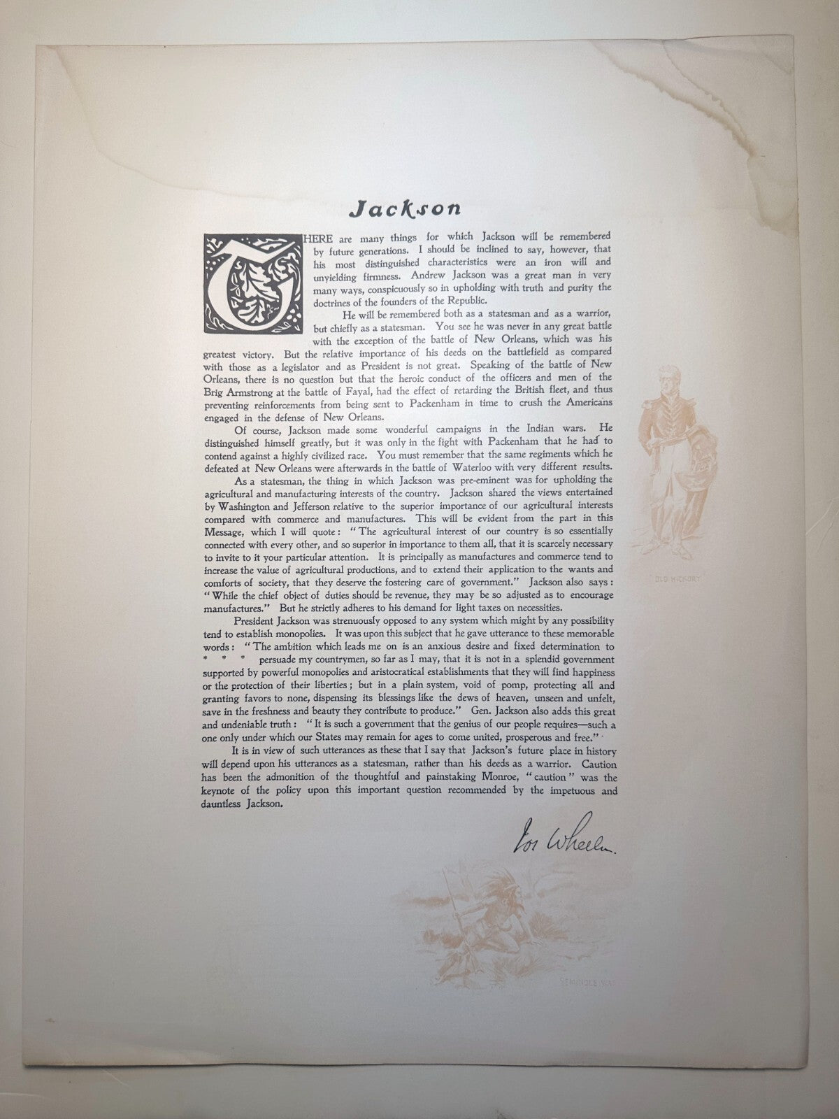 Vintage photogravure portrait of President Andrew Jackson with Major-General Wheeler dedication, 8x12 on 16x20 stock