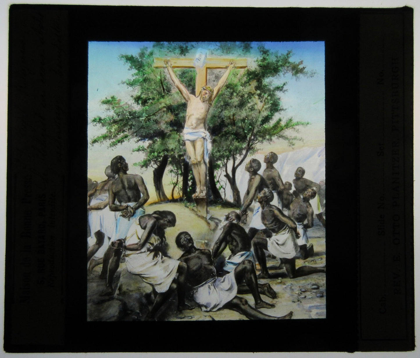 CHRIST ON THE CROSS. ARTWORK. HAND COLORED PHOTO ON GLASS.