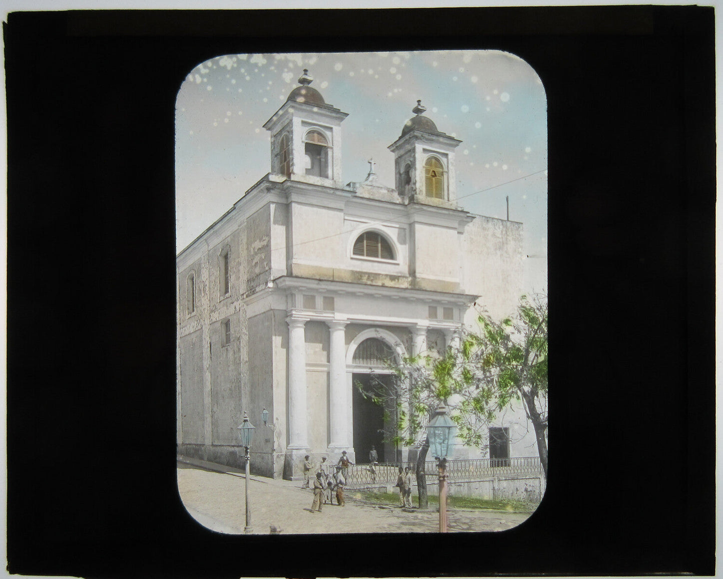 Vintage magic lantern slide, church scene with worshipers outside, tinted, 3x4 in original photo