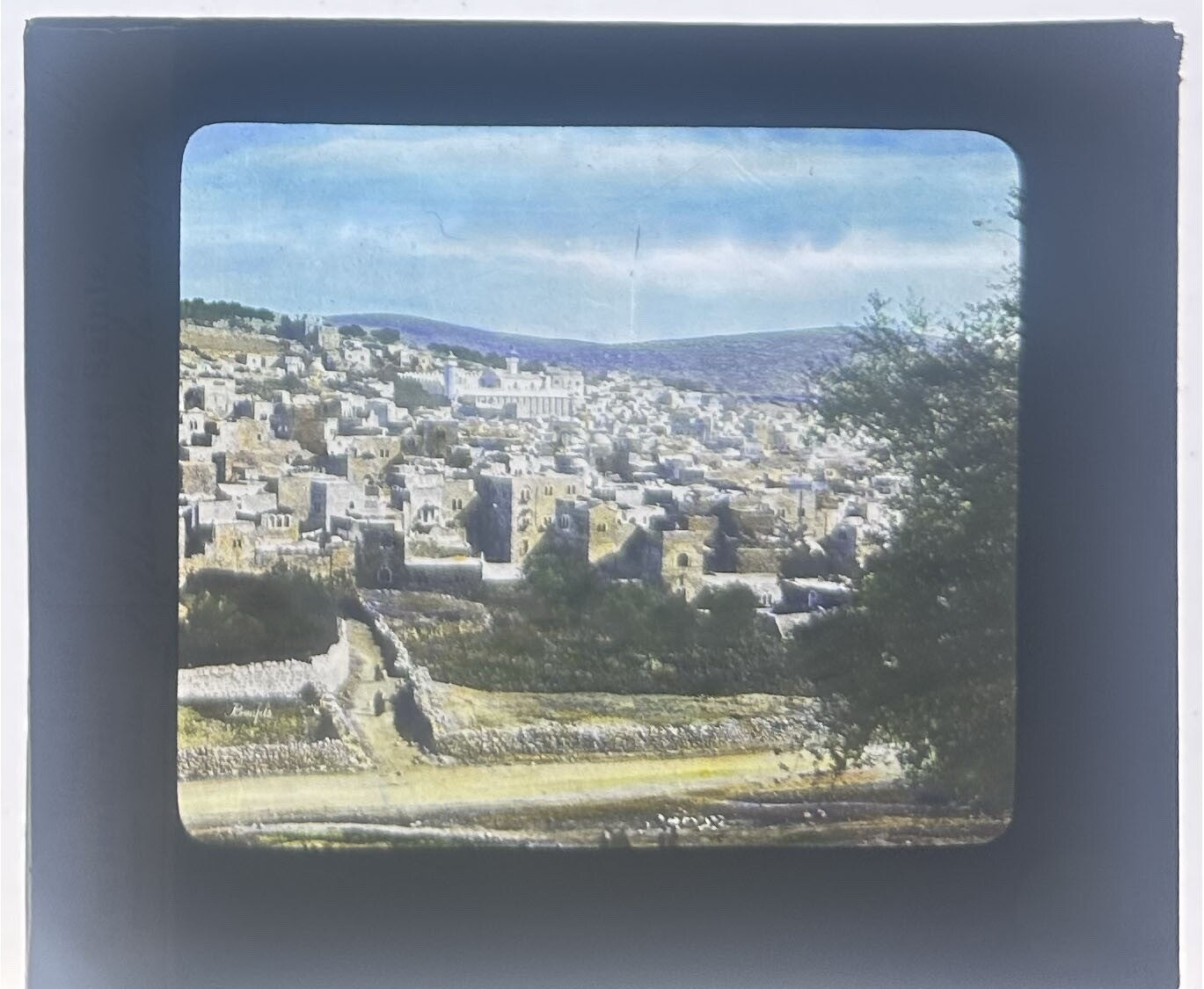 VINTAGE LANTERN SLIDE "General View of Hebron with Mosque" 3.25X4IN