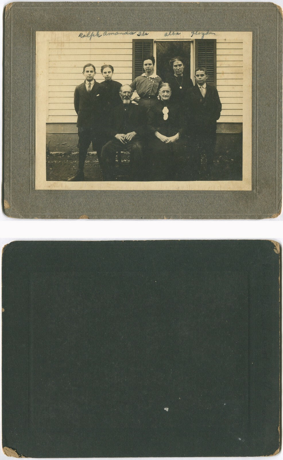 FAMILY PHOTO, MULTI GENERATIONAL. 5X7 SILVER PRINT ON 7X9 INCH CARD.