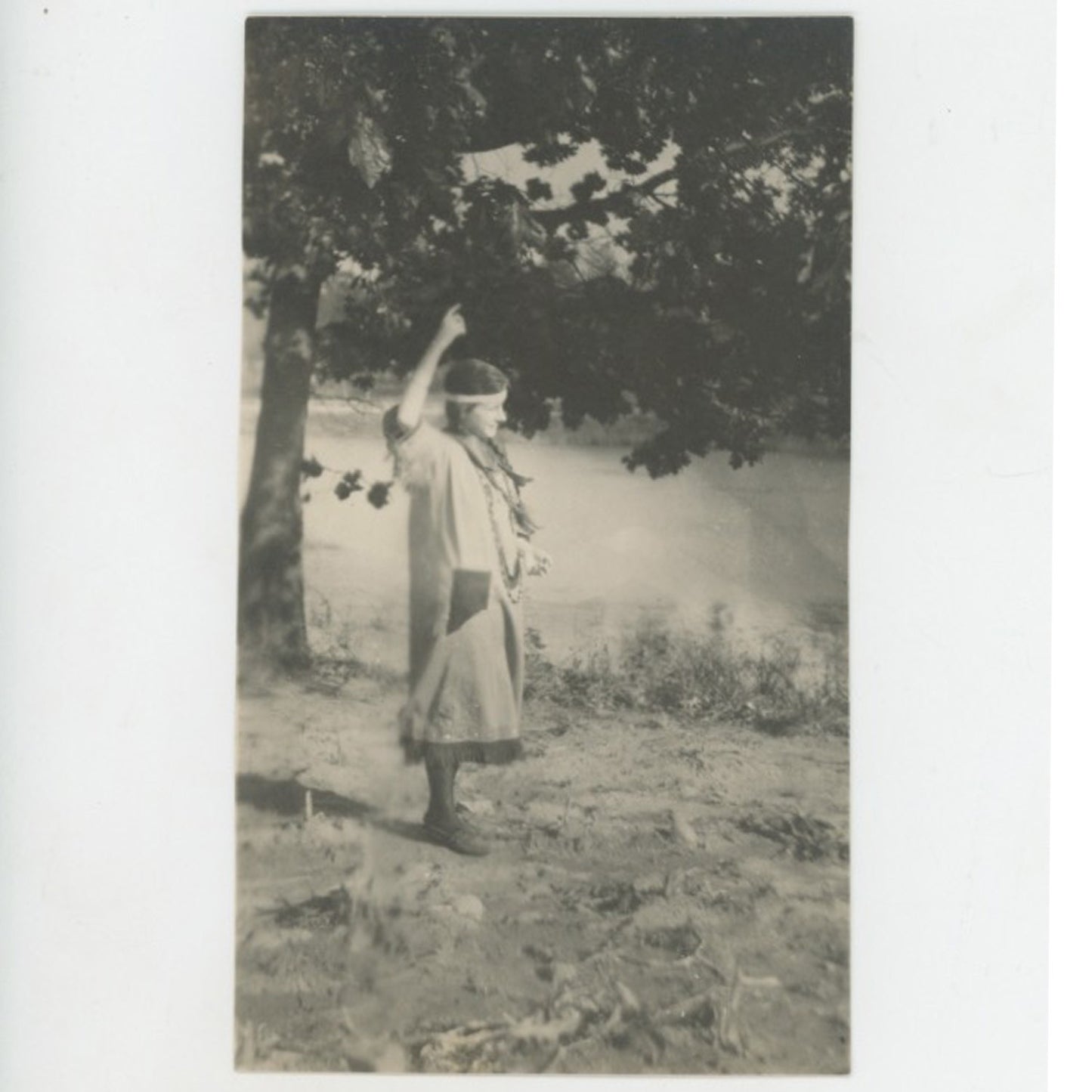 VINTAGE PHOTO - NATIVE AMERICAN WOMAN BY RIVER. BRAIDS, FRINGE DRESS & NECKLACE