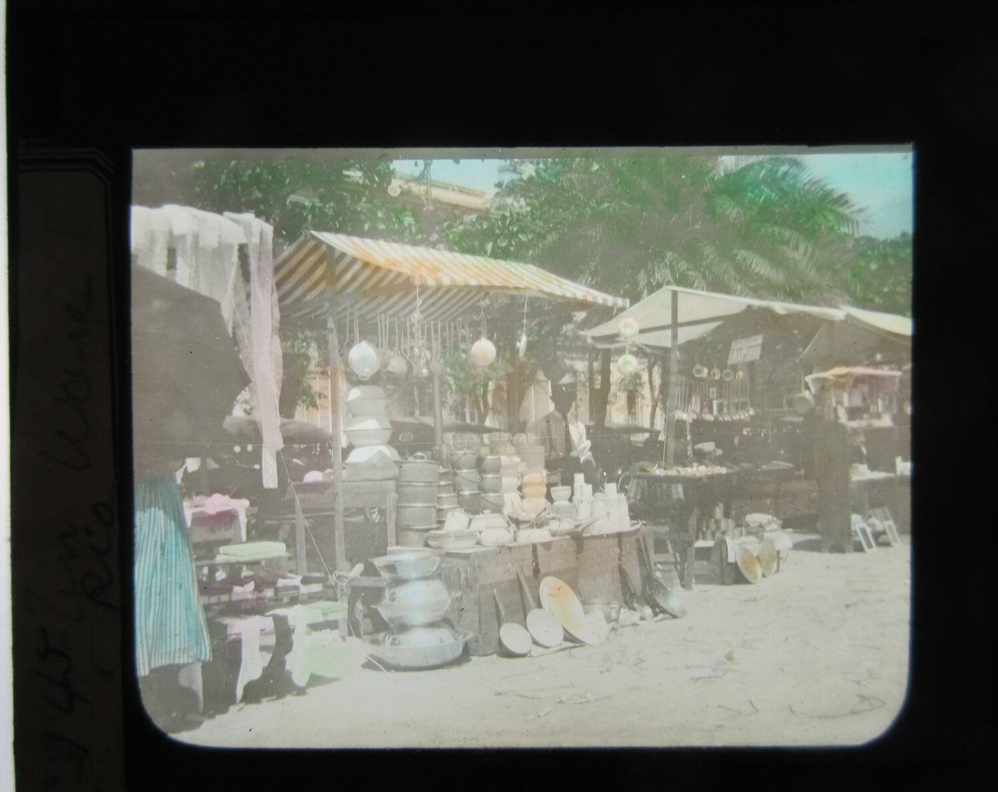 Vintage Market Stall Tinware Photo – Tinted Lantern Slide, 3.25x3.5 in, authentic