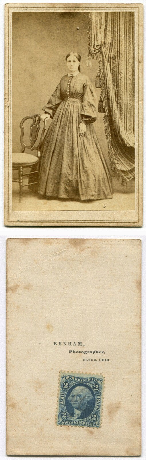CIVIL WAR ERA TAX STAMP, CDV. WOMAN POSED NEAR LOVELY DRAPES. CLYDE, OHIO.