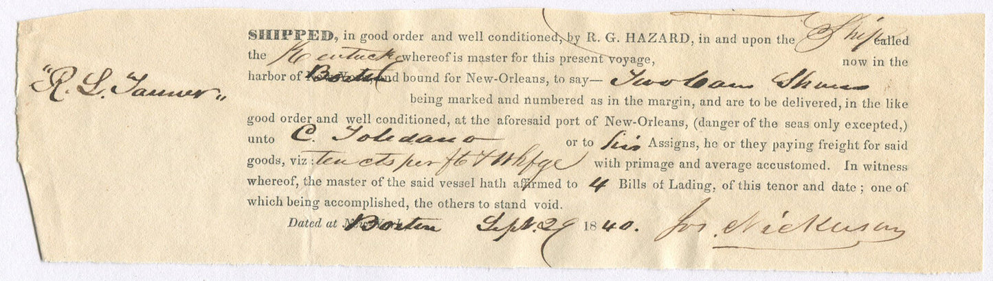 BILL OF LADING PURCHASE BY ROWLAND HAZARD, CLOTHING FOR ENSLAVED PEOPLE. 1840.