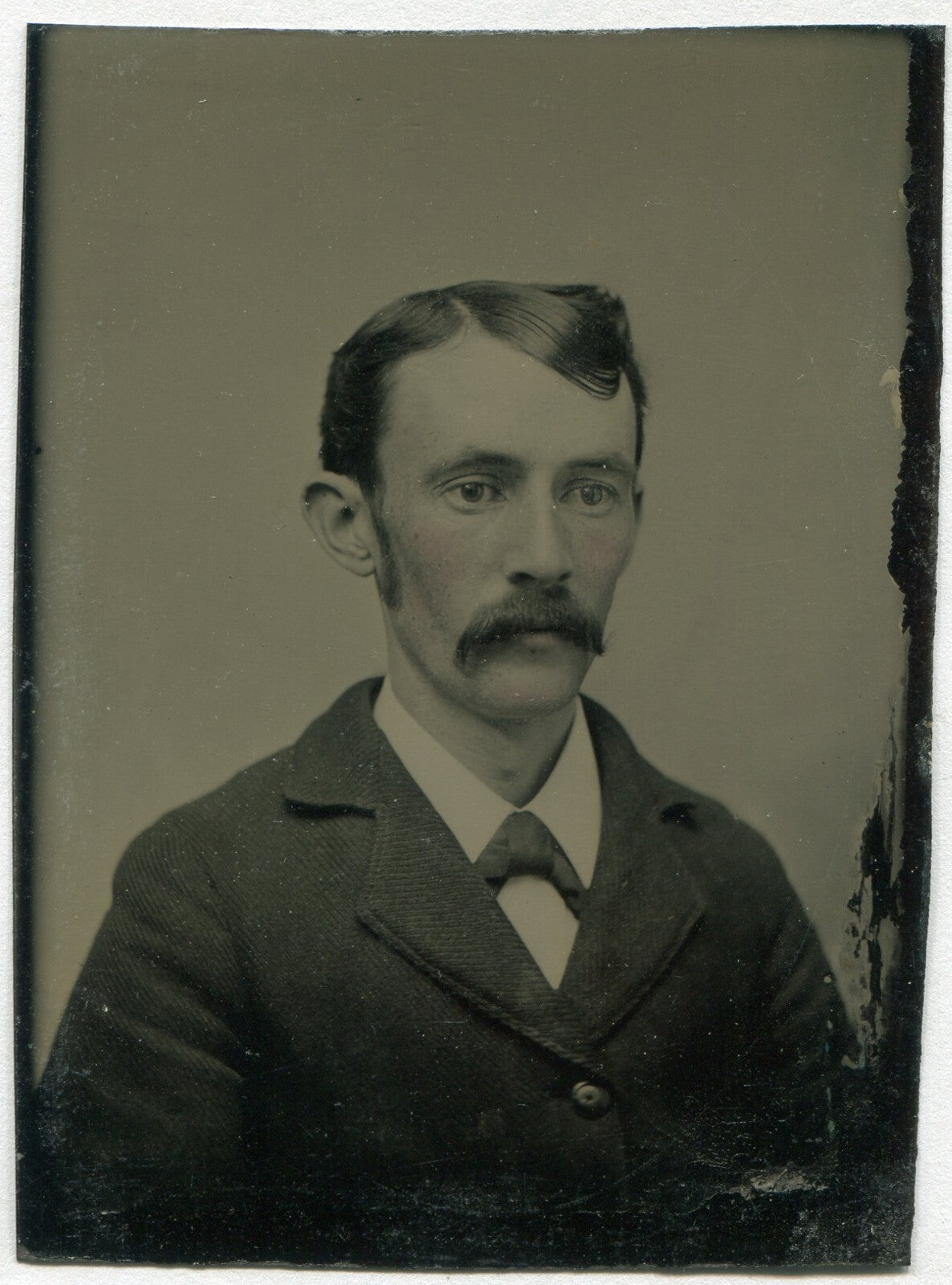 Vintage Tintype Portrait of Long Faced Man with Big Mustache Tintype Photo