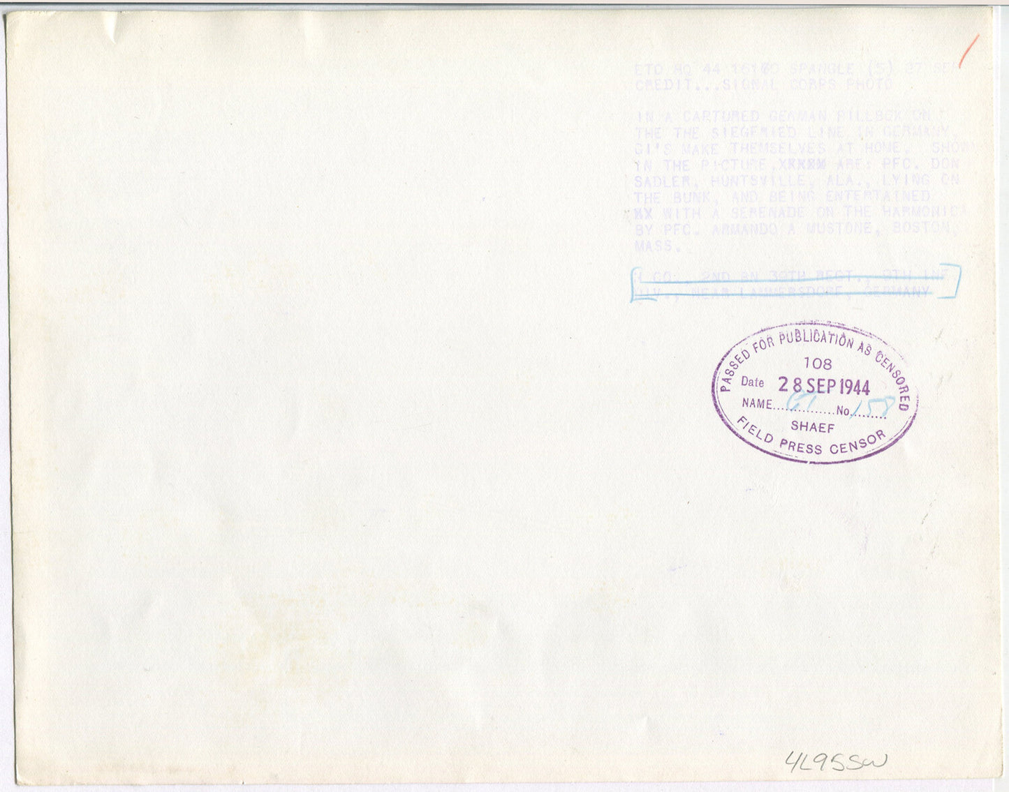 WWII, U.S. SOLDIERS IN BUNKS, PLAYING HARMONICA, SMOKING. 8X10 B&W.