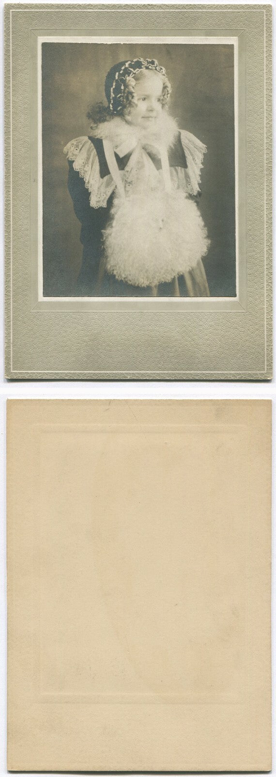 YOUNG GIRL, WINTER WEAR, HAND MUFF. TONED B&W PRINT ON CARD. 6X4.5 IN.