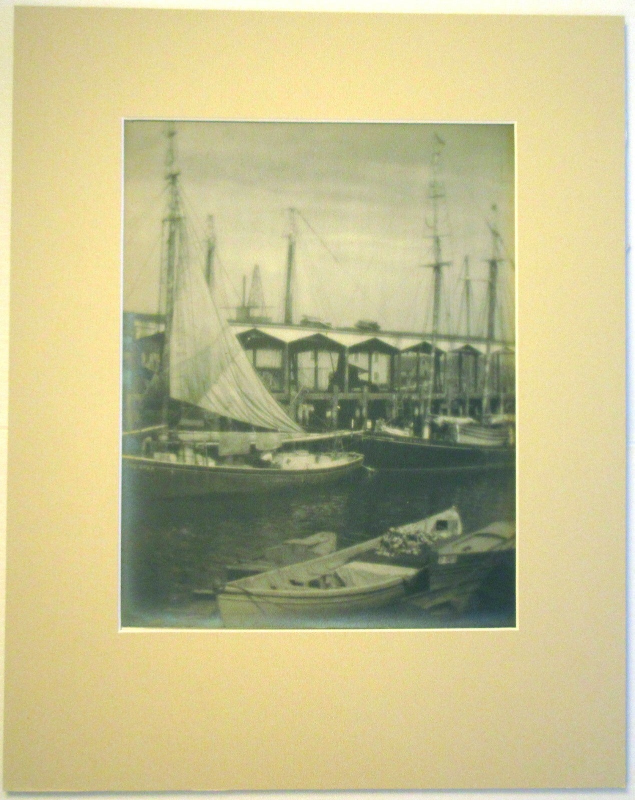BOATS IN HARBOR. PICTORIALIST SILVER PRINT IN 11X14 INCH ARCHIVAL MAT.