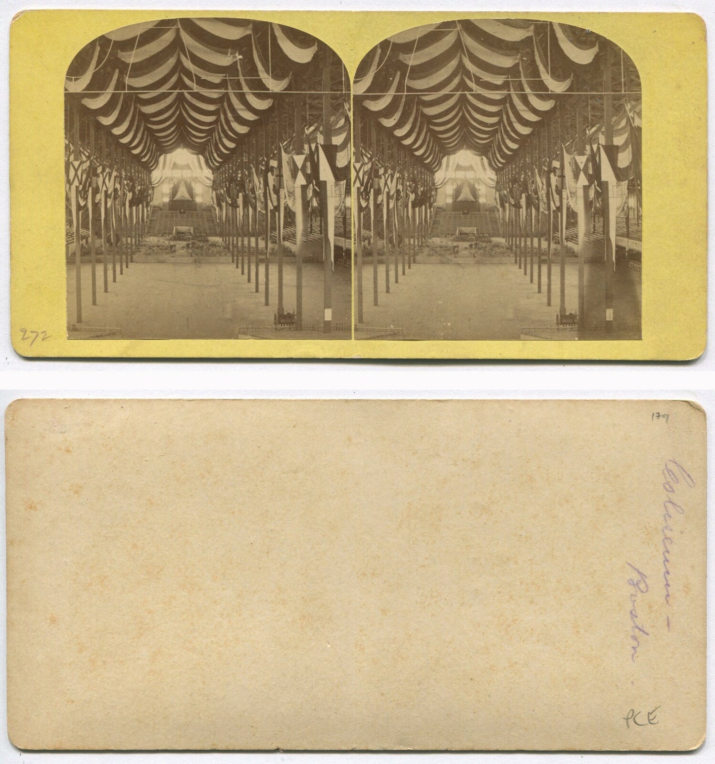 BOSTON COLISEUM. BUNTING AND TENTING. GREAT VISUAL. STEREOVIEW.