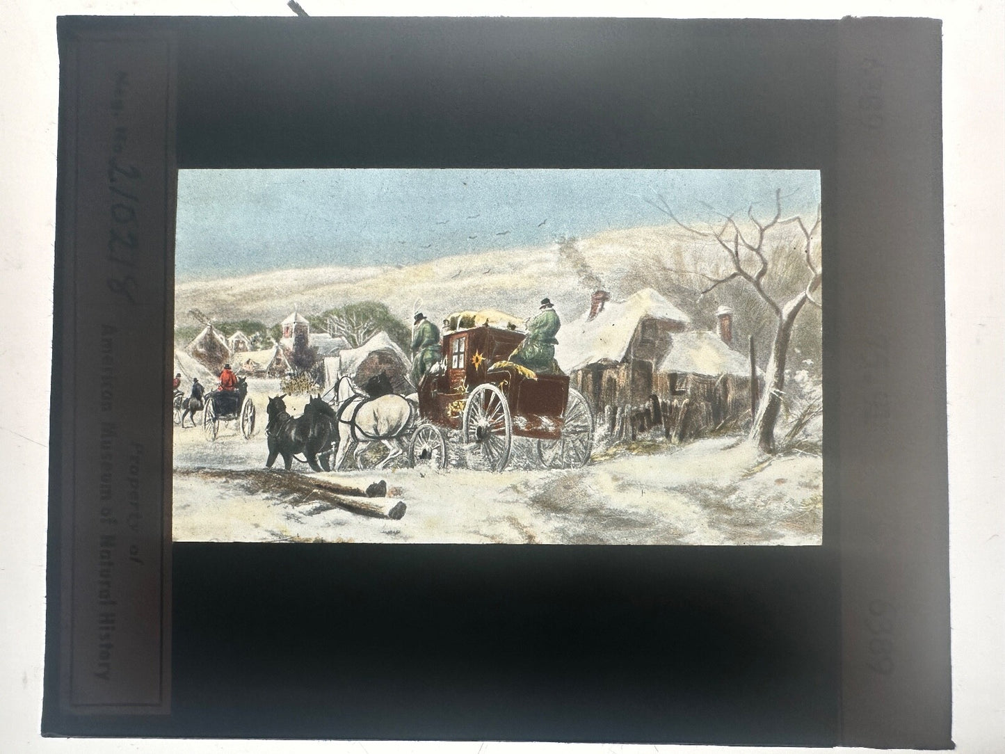 Vintage Lantern Slide Expertly Hand Tinted Photo on glass "Stage Coach - Winter"