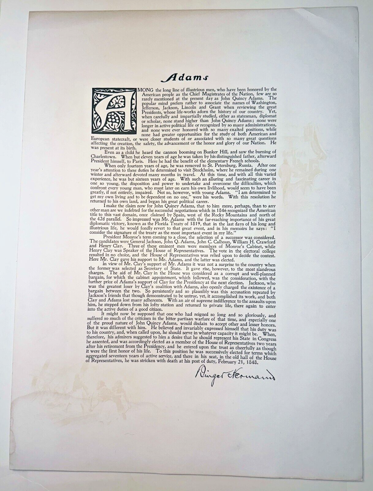 VINTAGE PHOTOGRAVURE: PRESIDENT JOHN QUINCY ADAMS W/ DEDICATION BY ROBERTS