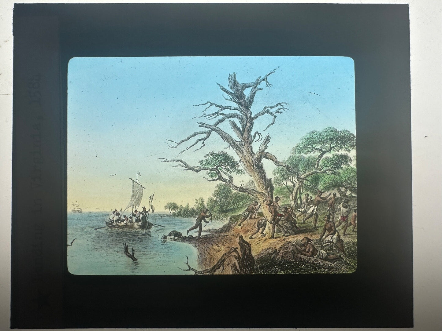 Tinted Lantern Slide: HISTORY'S UNSOLVED MYSTERY "Landing In Virginia" 1584