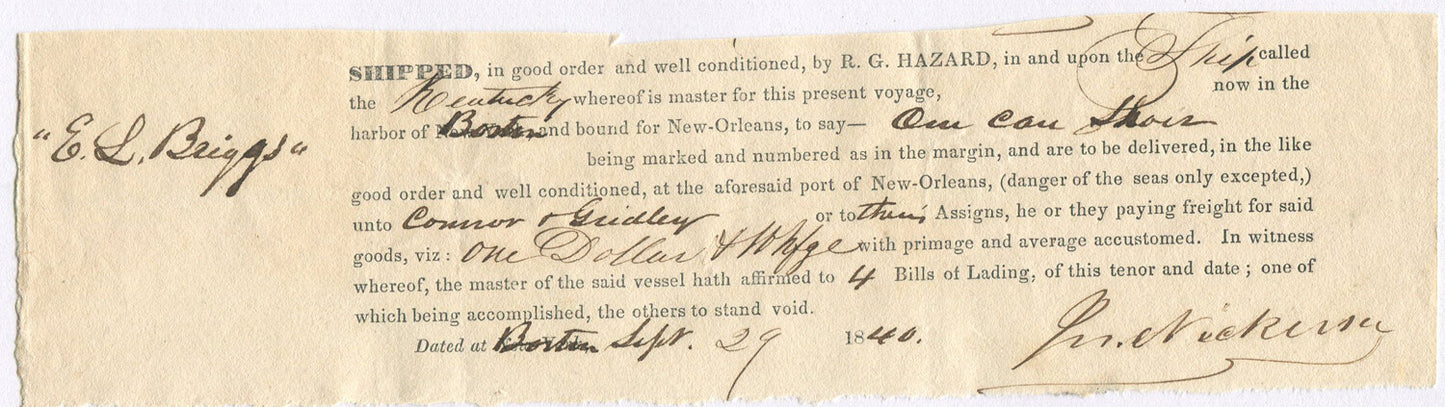 BILL OF LADING PURCHASE BY ROWLAND HAZARD, CLOTHING FOR ENSLAVED PEOPLE. 1840.