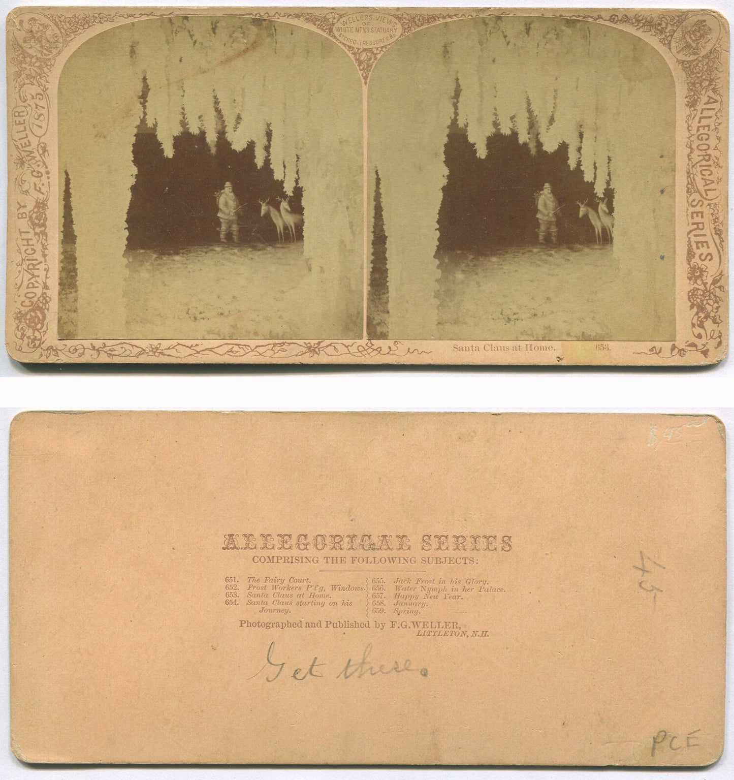 SANTA CLAUS AND REINDEER. STEREOVIEW.