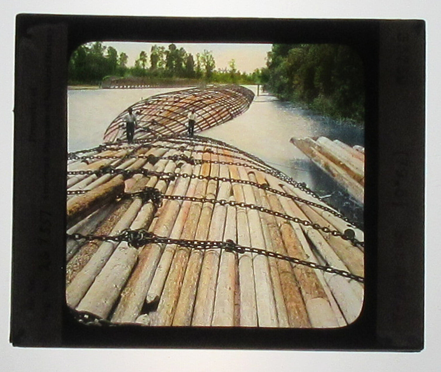 Vintage Hand-Colored Glass Photo: Log Rafting in Washington State, Magic Lantern Slide 3.25x4 in