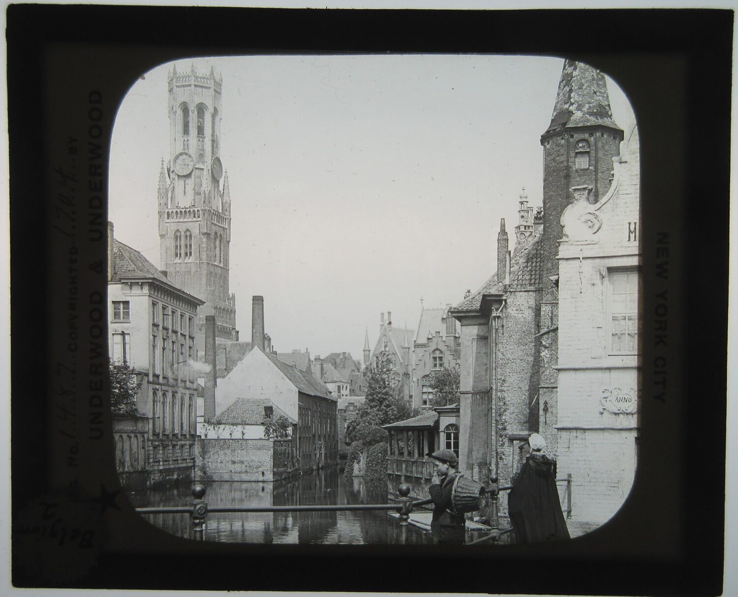 BELGIUM BOY SMOKING NEAR CHURCH TOWER. LANTERN SLIDE.