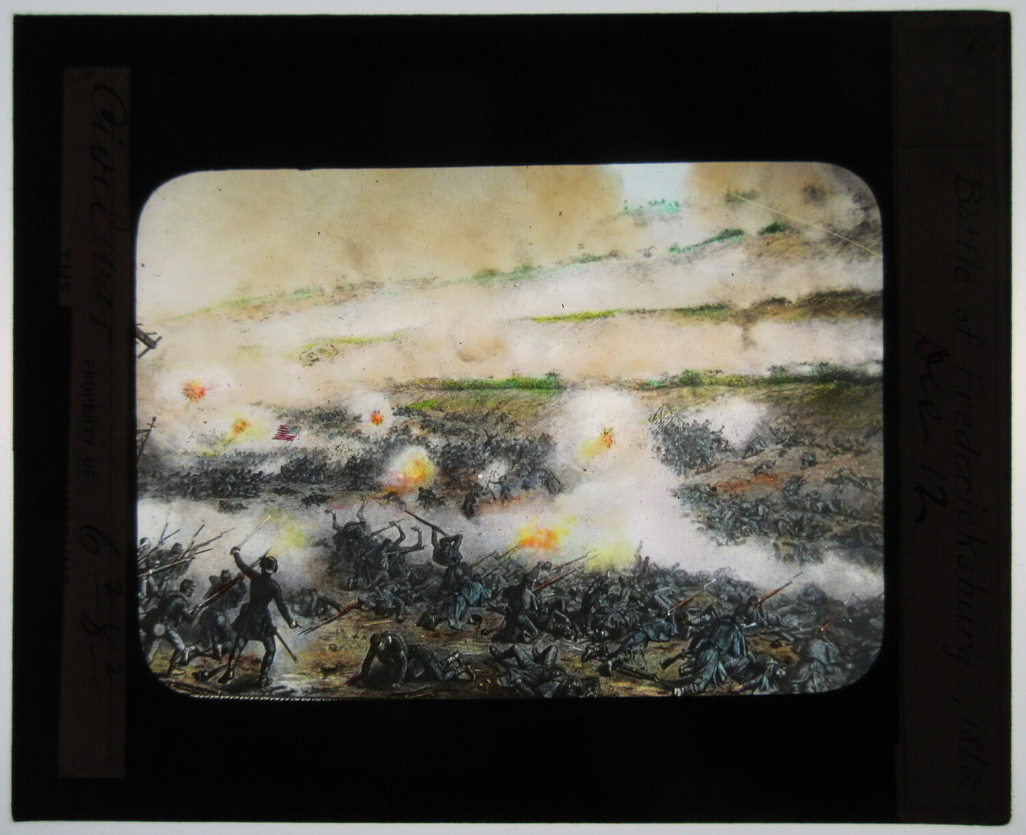 BATTLE OF FREDERICKSBURG. HAND COLORED PHOTO ON GLASS OF PAINTING.