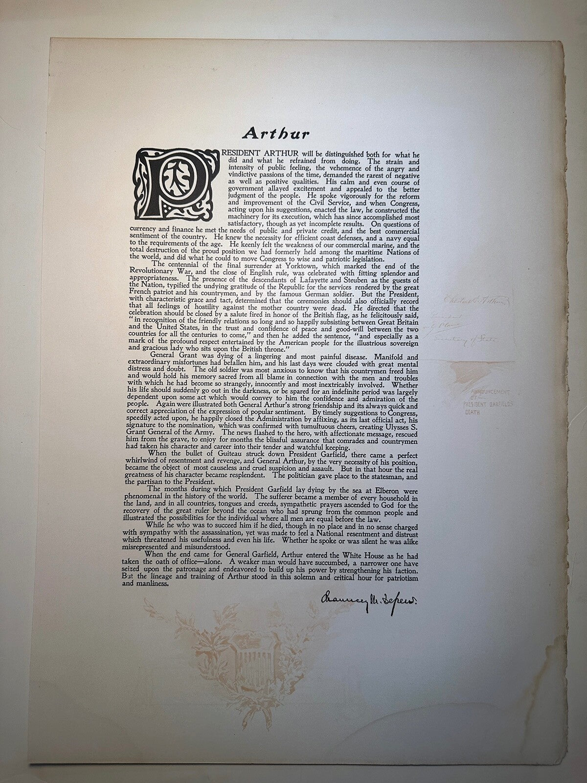 Rare Vintage Photogravure of Chester A. Arthur -- White House Gallery Two-Page Set with Dedication, 10x12 Print