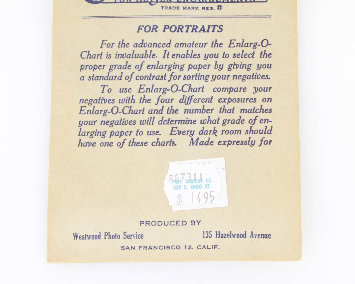 ENLARG-O-CHART FOR DARKROOM PRINTING, USED