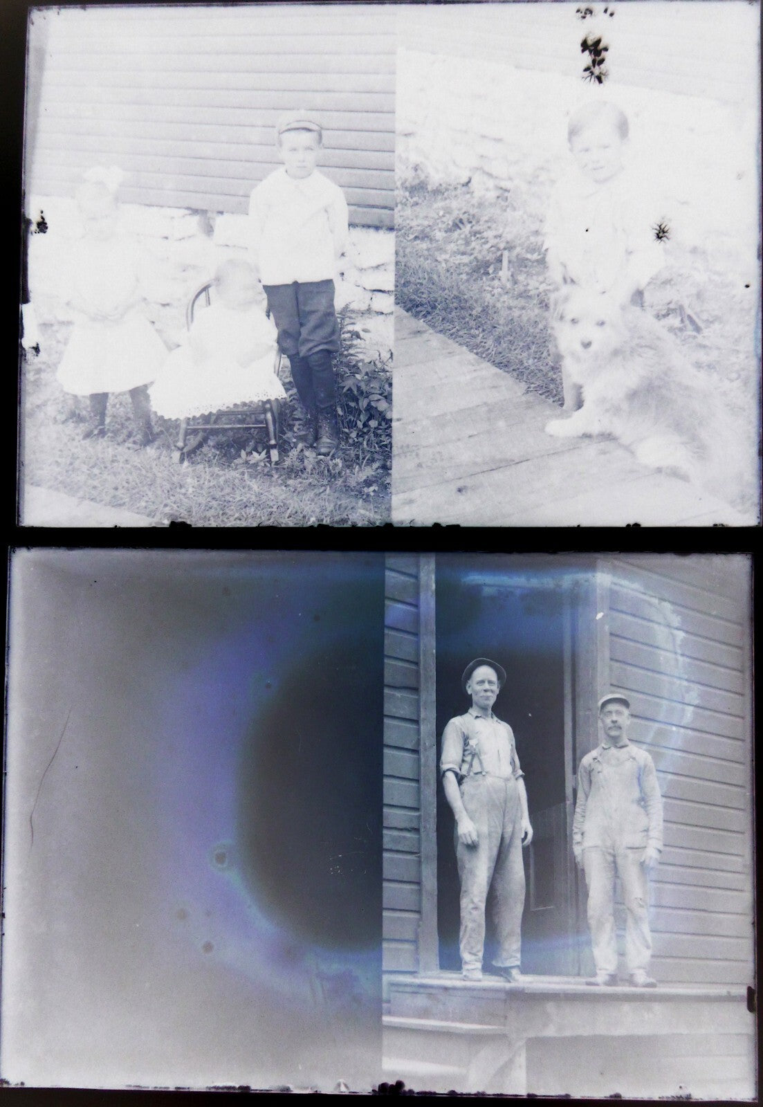 Vintage 5x7 Glass Plate Negative - Children, Dog, Workmen, Original Photo