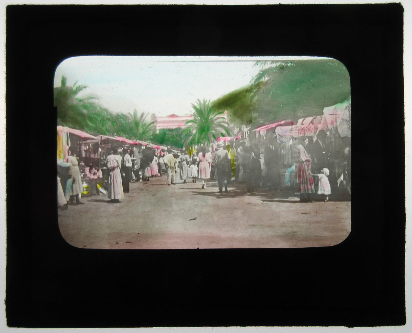 Vintage Tinted Lantern Slide - People at Market, Original Old Photo 3.25 x 3.5 in
