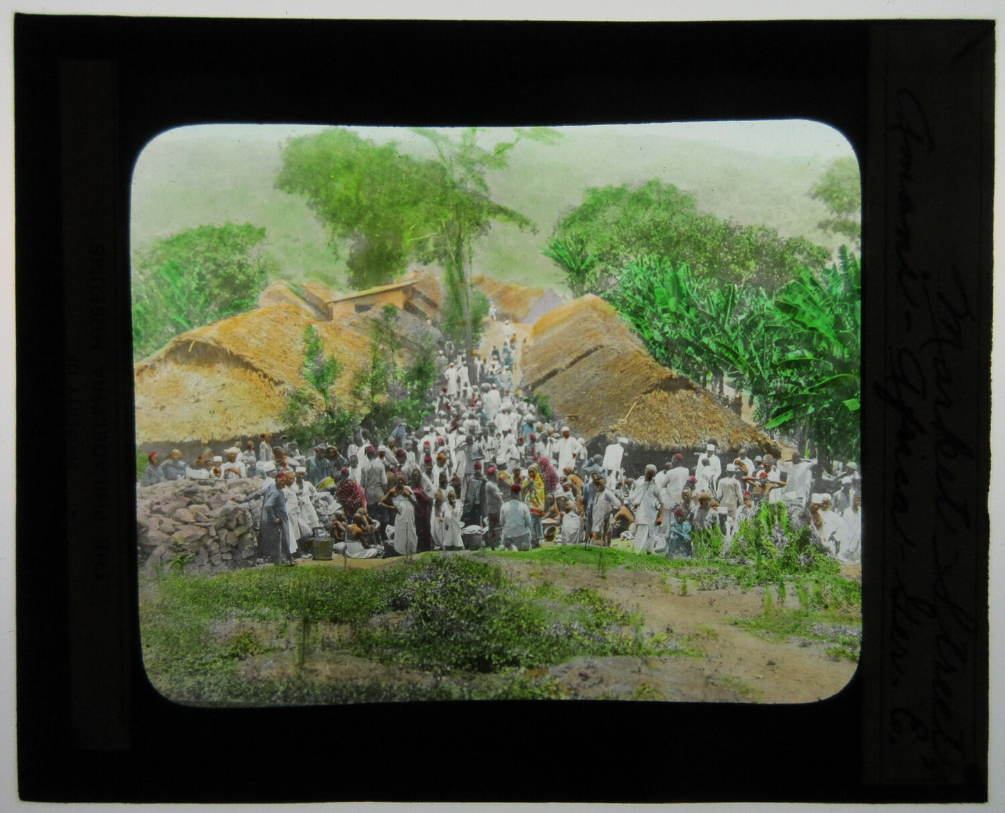 Vintage Market Day Photo Africa - Hand-Colored Photo on Glass, Tinted Lantern Slide, Original 3.25x4