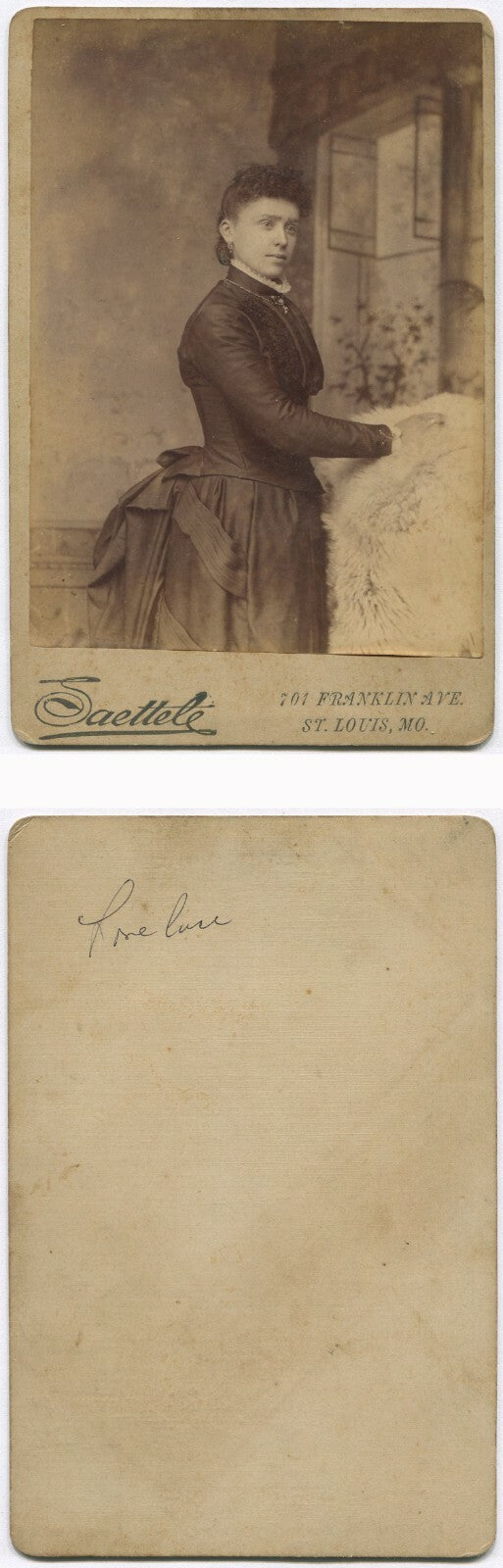 WOMAN POSED W/ HAND FULL OF FUR PELT. CABINET CARD. ST LOUIS, MO.